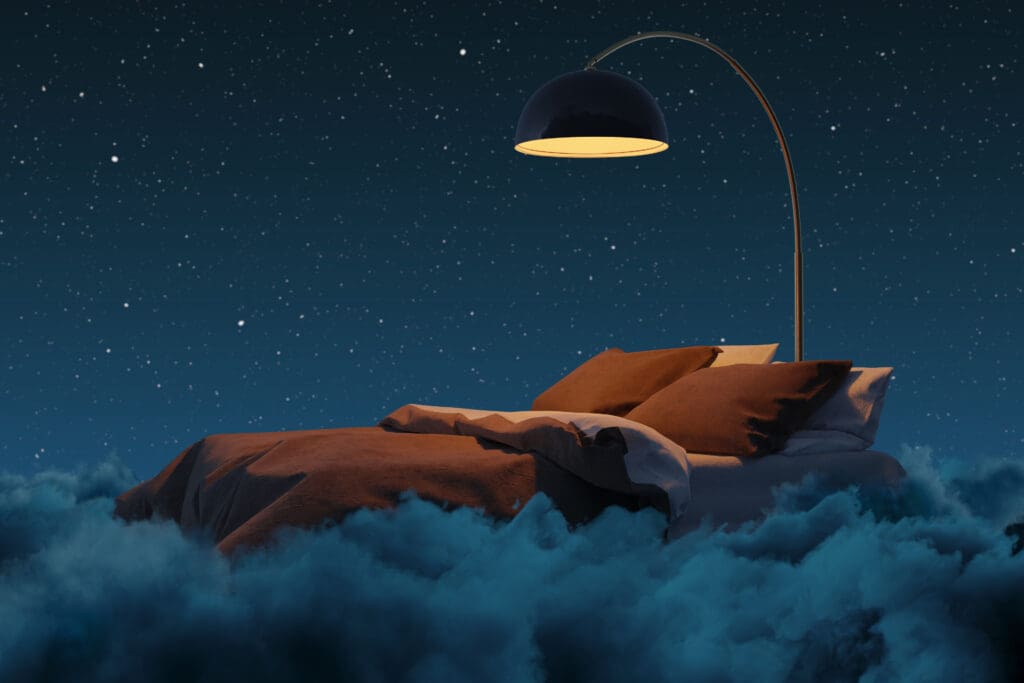 An illustration of a bed under the night sky with a warm light on it